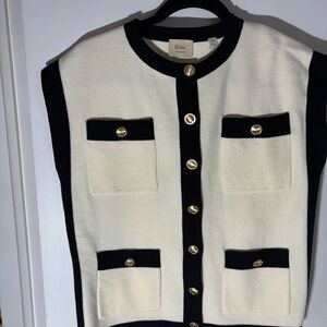 Elie Tahari Ivory and Black Button-Front Pocket Sweater Vest